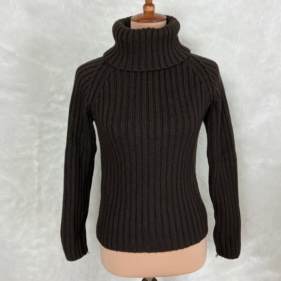 Theory Chocolate Brown Ribbed Chunky Zipper Cuff Turtleneck Sweater M - Picture 1 of 6